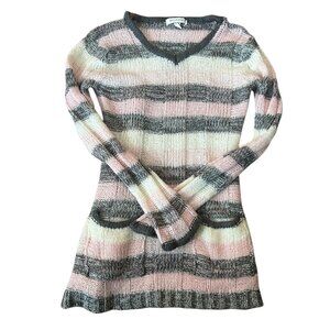 Vintage Striped Fuzzy Sweater Gray Pink White V Neck Pockets Y2K Soft Cozy L